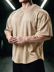 GymBeat 男士純色圓領運動上衣 運動T恤 健身房穿搭 - 卡其色 - 查看 3