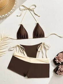 Swim Mod 女款可愛巧克力棕色夏季海灘度假3件式泳衣套裝，純色對比V領露背三角綁帶比基尼泳褲，附蝴蝶結裝飾 - 咖啡棕 - 查看 4