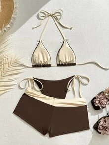 Swim Mod 女款可愛巧克力棕色夏季海灘度假3件式泳衣套裝，純色對比V領露背三角綁帶比基尼泳褲，附蝴蝶結裝飾 - 咖啡棕 - 查看 5