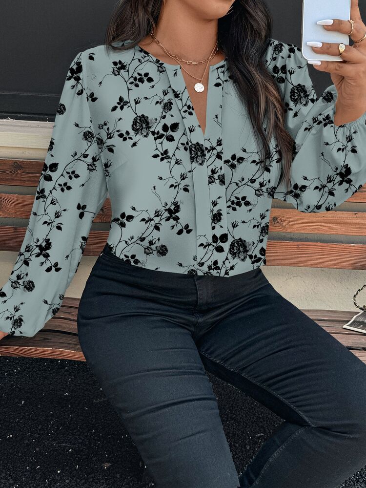 Reflora Camisa de manga larga con estampado floral de moda para vacaciones en talla grande - Multicolor - Añade 3
