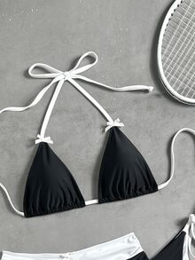 Swim Mod 女士26SS春夏新款纯色黑白撞色V领露背三角系带比基尼泳裤，蝴蝶结装饰三件套泳装，适合海滩度假 - 黑與白 - 查看 7