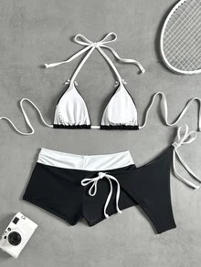 Swim Mod 女士26SS春夏新款纯色黑白撞色V领露背三角系带比基尼泳裤，蝴蝶结装饰三件套泳装，适合海滩度假 - 黑與白 - 查看 6