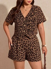 Melodosi Plus Size Women Leopard Print V-Neck Top And Shorts Casual Everyday 2-Piece Set - Multicolor - View 3