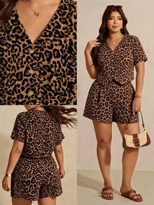 Melodosi Plus Size Women Leopard Print V-Neck Top And Shorts Casual Everyday 2-Piece Set - Multicolor - View 1