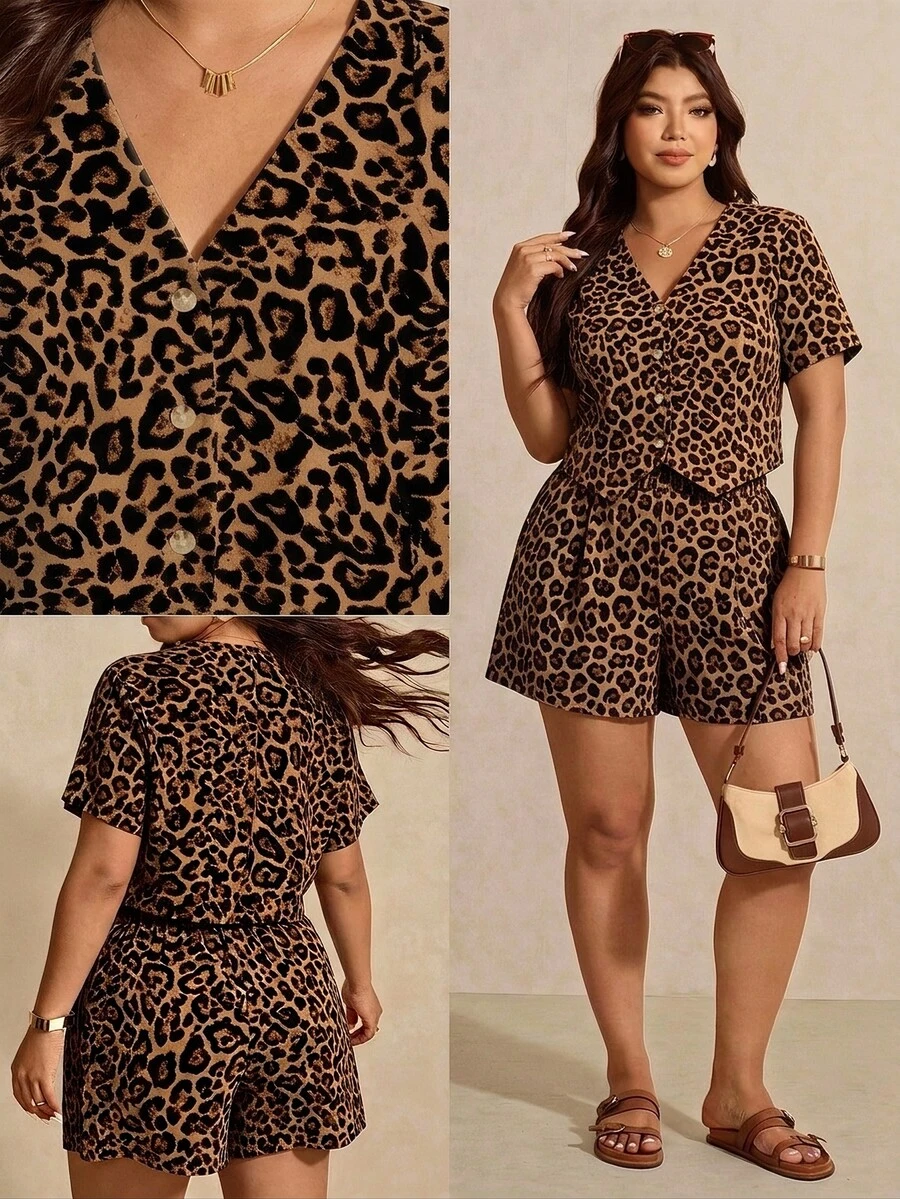Melodosi Plus Size Women Leopard Print V-Neck Top And Shorts Casual Everyday 2-Piece Set - Multicolor - View 1
