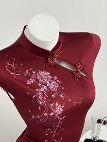 Elamini 辣妹新款新中式設計復古印花立領盤扣時尚夏季修身女款T恤 - 紅色 - 查看 4
