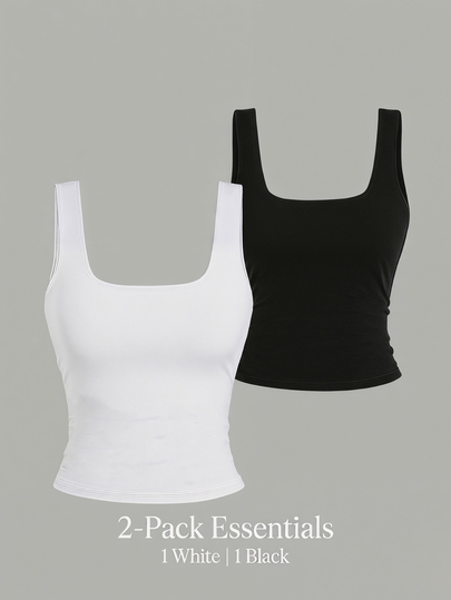 Teen (14-16 Years Old) 2pcs Square Neck Ruched Crop Tank Top - Basic Black & White Stretchy Slim Fit Y2K Summer Camisole