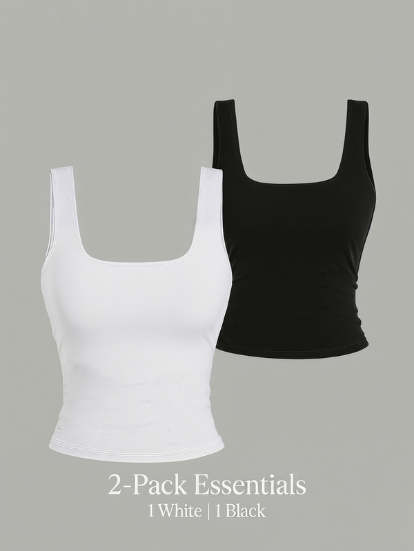 Teen (14-16 Years Old) 2pcs Square Neck Ruched Crop Tank Top - Basic Black & White Stretchy Slim Fit Y2K Summer Camisole