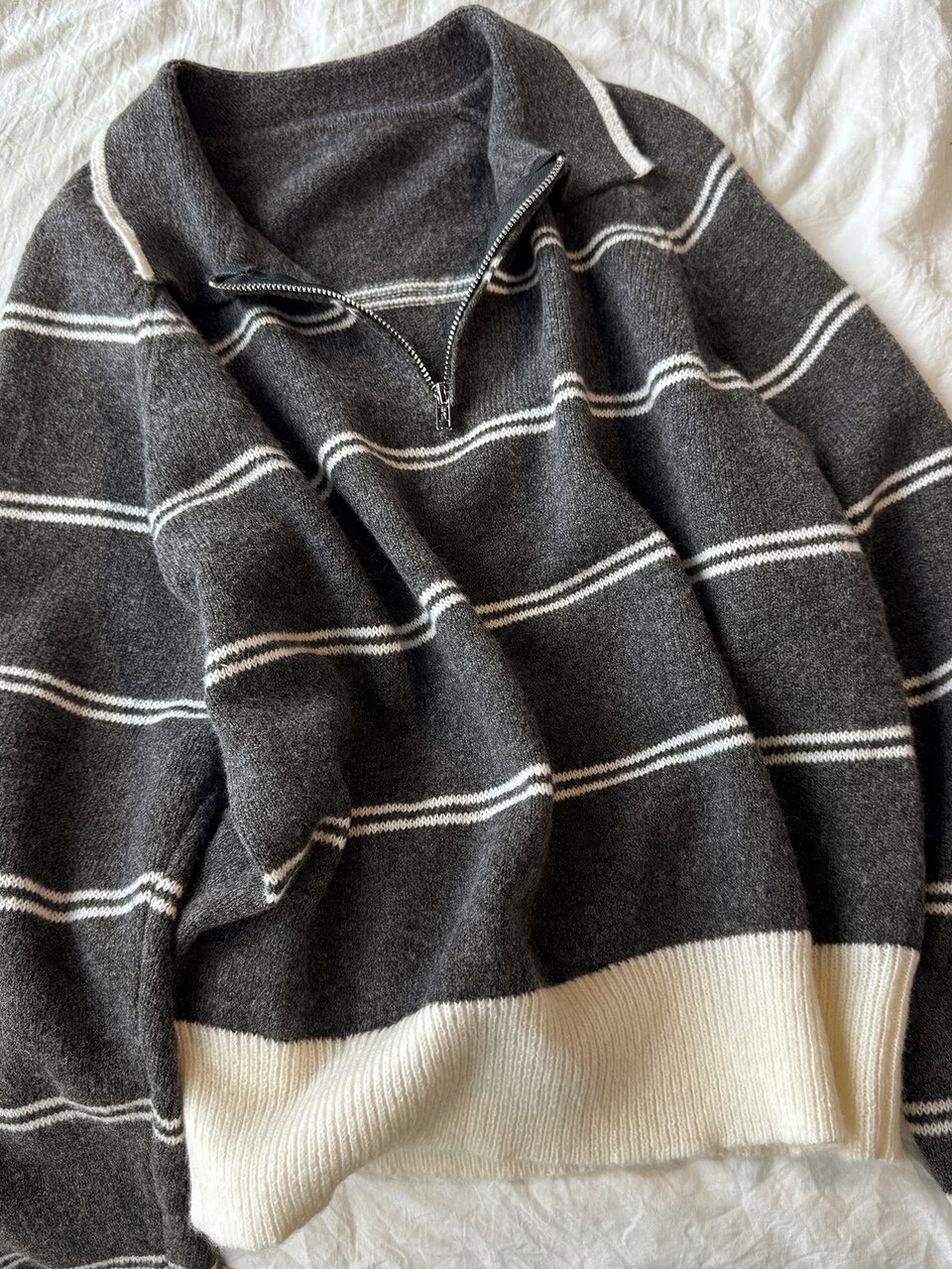 Women's Loose Casual Half-High Neck Zipper Long Sleeve Dark Gray & White Striped Chunky Knit Sweater With Turn-Down Collar Fall