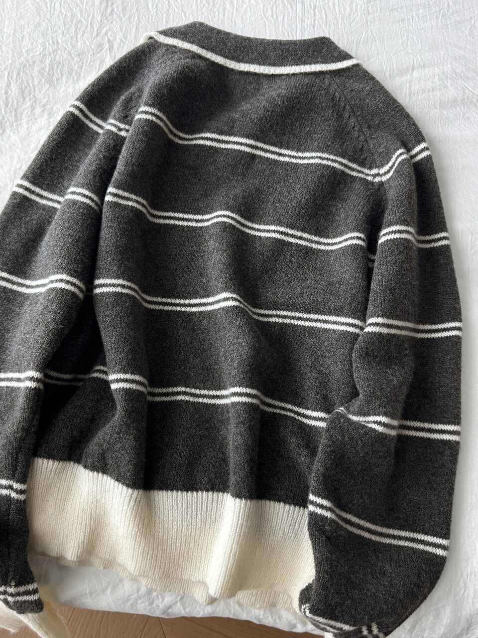 Women's Loose Casual Half-High Neck Zipper Long Sleeve Dark Gray & White Striped Chunky Knit Sweater With Turn-Down Collar Fall