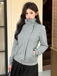 DAZY Women's Solid Color Hooded Korean Style Jacket - Grey - View 7