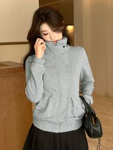 DAZY Women's Solid Color Hooded Korean Style Jacket - Grey - View 6