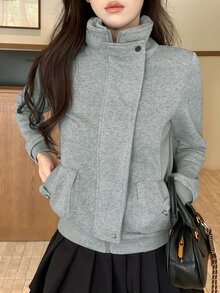 DAZY Women's Solid Color Hooded Korean Style Jacket - Grey - View 3