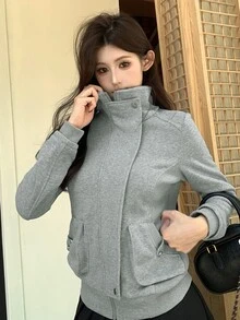 DAZY Women's Solid Color Hooded Korean Style Jacket - Grey - View 4