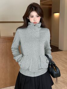 DAZY Women's Solid Color Hooded Korean Style Jacket - Grey - View 5
