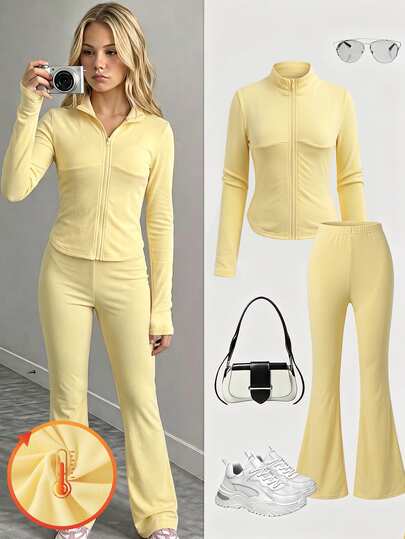 Teen Girl Fleece Lined Casual Autumn Winter Outfit Zip Up Jacket & Flare Pants Set