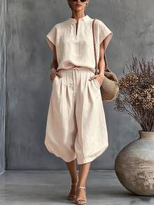 SHEIN Holidaya 新款淺米色水洗亞麻POLO上衣與落肩3/4燈籠褲兩件套，休閒度假風，適合度假、日常通勤、旅行 - 淺粉色 - 查看 3