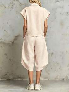 SHEIN Holidaya 新款淺米色水洗亞麻POLO上衣與落肩3/4燈籠褲兩件套，休閒度假風，適合度假、日常通勤、旅行 - 淺粉色 - 查看 2