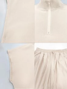SHEIN Holidaya 新款淺米色水洗亞麻POLO上衣與落肩3/4燈籠褲兩件套，休閒度假風，適合度假、日常通勤、旅行 - 淺粉色 - 查看 4