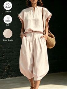SHEIN Holidaya 新款淺米色水洗亞麻POLO上衣與落肩3/4燈籠褲兩件套，休閒度假風，適合度假、日常通勤、旅行 - 淺粉色 - 查看 6