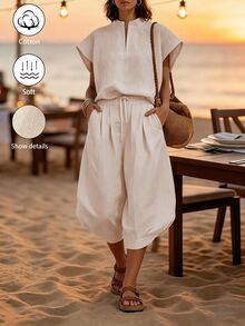 SHEIN Holidaya 新款淺米色水洗亞麻POLO上衣與落肩3/4燈籠褲兩件套，休閒度假風，適合度假、日常通勤、旅行 - 淺粉色 - 查看 1