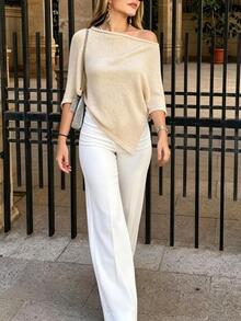 SHEIN PariChic Women's Solid Color Casual Versatile Daily Knit Top - Beige - View 5