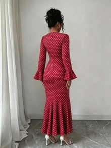 Rafferiza 深V紅白色波點開衩長洋裝，喇叭袖收腰性感復古70年代貼身魚尾裙，適合約會晚餐秋季穿著 - 紅色 - 查看 2