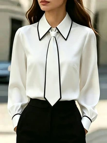 SHEIN 新款女式日常百搭通勤拼接領長袖襯衫 - 白色 - 查看 3