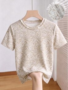 SHEIN 女款短袖圓領T恤，仿蕾絲印花，珠飾設計，寬鬆直筒版型，優雅浪漫，適合早午餐茶會，米色夏季款 - 彩色 - 查看 3