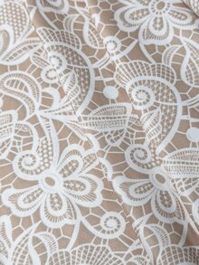 SHEIN 女款短袖圓領T恤，仿蕾絲印花，珠飾設計，寬鬆直筒版型，優雅浪漫，適合早午餐茶會，米色夏季款 - 彩色 - 查看 5