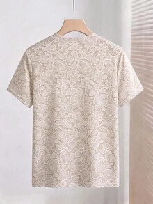 SHEIN 女款短袖圓領T恤，仿蕾絲印花，珠飾設計，寬鬆直筒版型，優雅浪漫，適合早午餐茶會，米色夏季款 - 彩色 - 查看 2