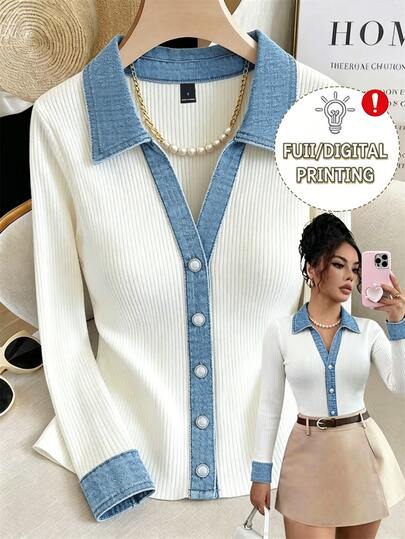 SHEIN Raffinéa Autumn Color Block Contrast Lapel V Neck Ribbed Knit Women Tops Fall Button Front Long Sleeve Slim T-Shirt Daily Commute Outfit Smart Casual Wear
