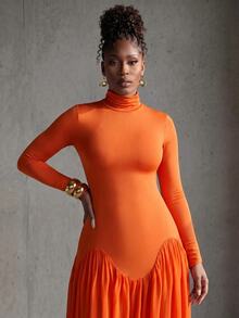 BamGlimmer High Neck Slim Fit Wavy Waist Split Draped Long Sleeve Burnt Orange Women's Dress Thanksgiving Design Elegant Style Dinner Date Diner Autumn - Orange - View 3