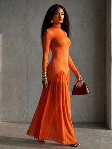 BamGlimmer High Neck Slim Fit Wavy Waist Split Draped Long Sleeve Burnt Orange Women's Dress Thanksgiving Design Elegant Style Dinner Date Diner Autumn - Orange - View 1