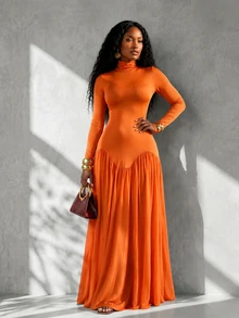 BamGlimmer High Neck Slim Fit Wavy Waist Split Draped Long Sleeve Burnt Orange Women's Dress Thanksgiving Design Elegant Style Dinner Date Diner Autumn - Orange - View 4