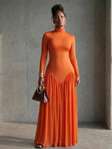 BamGlimmer High Neck Slim Fit Wavy Waist Split Draped Long Sleeve Burnt Orange Women's Dress Thanksgiving Design Elegant Style Dinner Date Diner Autumn - Orange - View 6