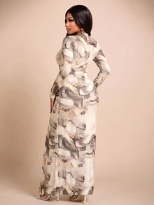 Brilight Sxy Elegant Crew Neck Long Flare Sleeve Side Ruched Brooch Slim Bodycon Gown For Wedding Guest Dinner Party Beige Autumn - Apricot - View 3