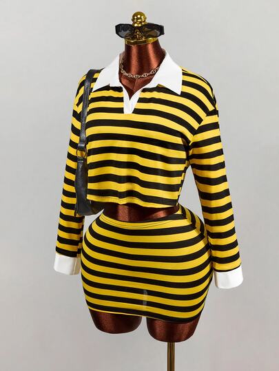 Mistrie Women's Minimalist Striped Colorblock Long Sleeve Top And Skirt 2 Pieces Set