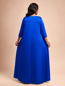 Brilight Solid V Neck Satin Dress Dinner Party Royal Blue Autumn Elegant - Royal Blue - View 2