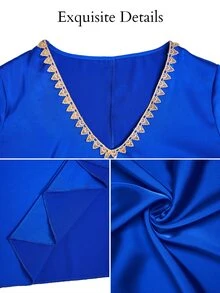 Brilight Solid V Neck Satin Dress Dinner Party Royal Blue Autumn Elegant - Royal Blue - View 8