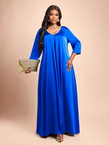 Brilight Solid V Neck Satin Dress Dinner Party Royal Blue Autumn Elegant - Royal Blue - View 7