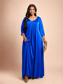Brilight Solid V Neck Satin Dress Dinner Party Royal Blue Autumn Elegant - Royal Blue - View 5