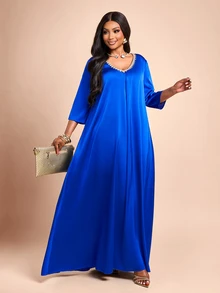 Brilight Solid V Neck Satin Dress Dinner Party Royal Blue Autumn Elegant - Royal Blue - View 9