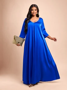 Brilight Solid V Neck Satin Dress Dinner Party Royal Blue Autumn Elegant - Royal Blue - View 6
