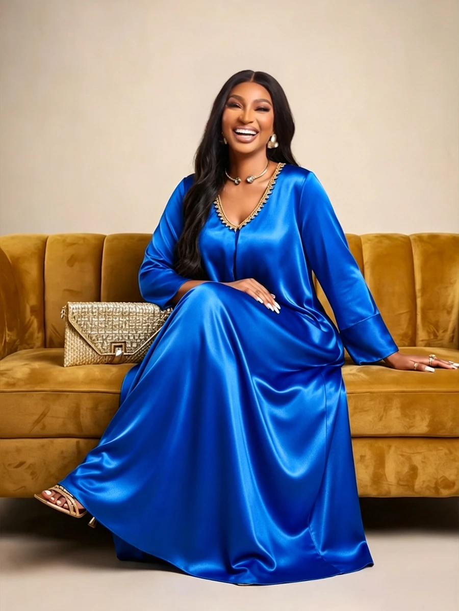 Brilight Solid V Neck Satin Dress Dinner Party Royal Blue Autumn Elegant - Royal Blue - View 1