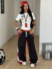Coolane 女款夏季街頭風運動休閒外出運動賽日彈性舒適白色圖案修身T恤，音樂節穿搭 - 白色 - 查看 6