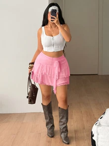 Coolane Plus Size Summer Elegant Solid Color Ruffle Hem Skirt - Pink - View 5