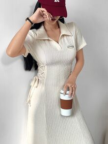 Rue Lumi 女式夏季字母印花侧系腰长款休闲连衣裙长款女士套装长款晚礼服 - 杏色 - 查看 9