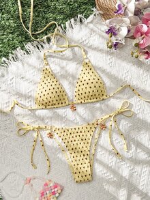 Swim Mod 夏季新款熱銷時尚露背比基尼套裝，工藝設計，2件式海灘度假穿搭 - 黃色 - 查看 6