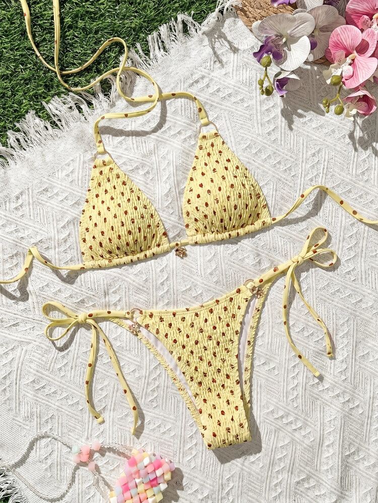 Swim Mod Summer Fashionable Backless Bikini Set With Craft Design 2 Pieces Beach Vacation Outfit Brown And Yellow Polka Dot Sexy Tropical - Yellow - View 3